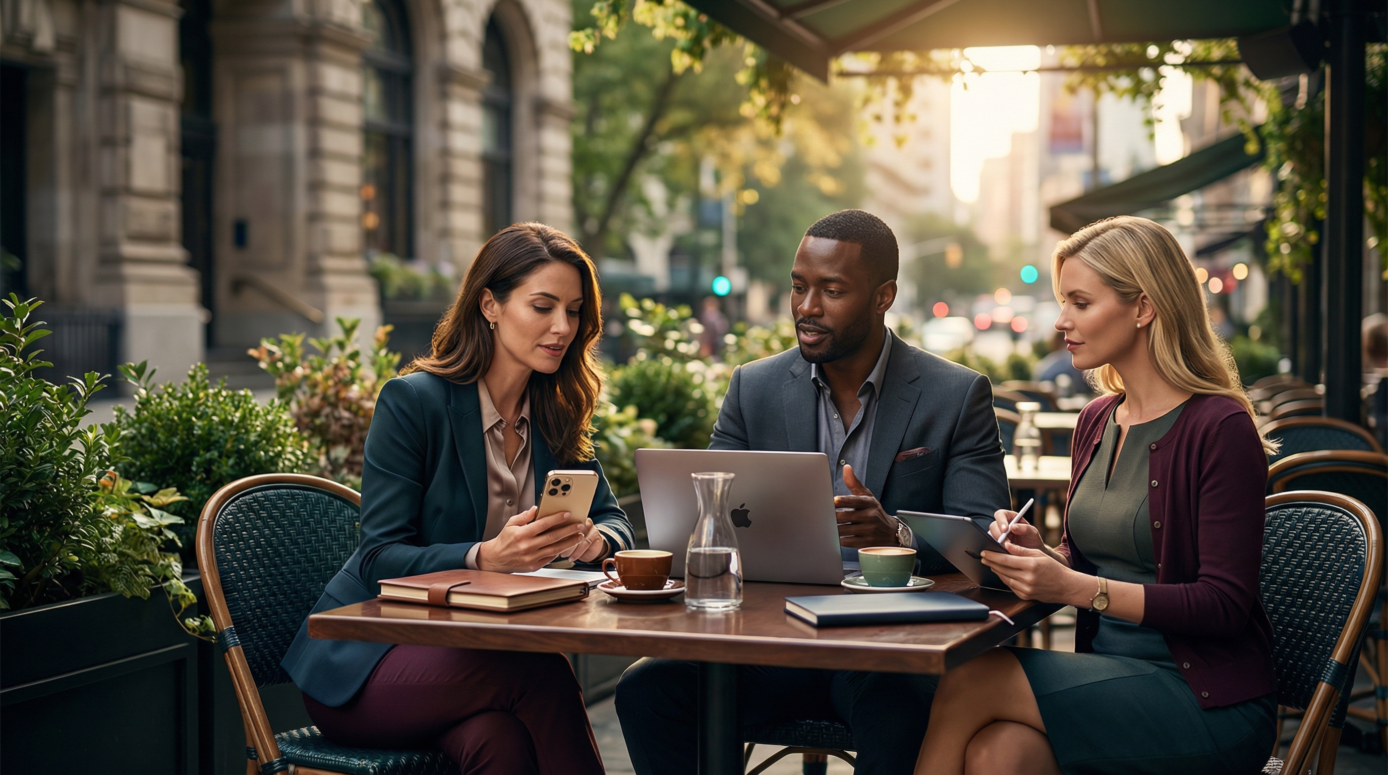 Reunião de negócios ao ar livre com três profissionais usando iPhone, MacBook e tablet Android em uma composição sofisticada e cinematográfica.