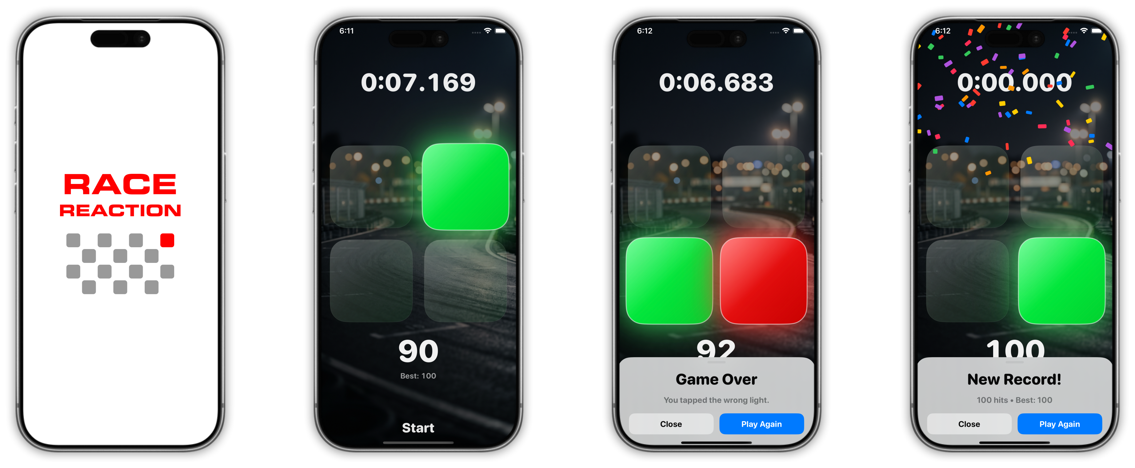 Prévia do app Race Reaction mostrando um desafio de reflexo inspirado em corrida, com luzes, pontuação e cronômetro.